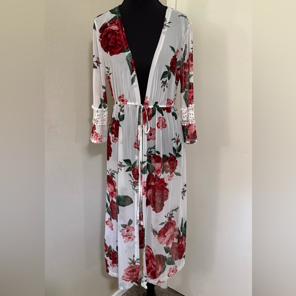 Floral Sheer Duster with Lace Trim